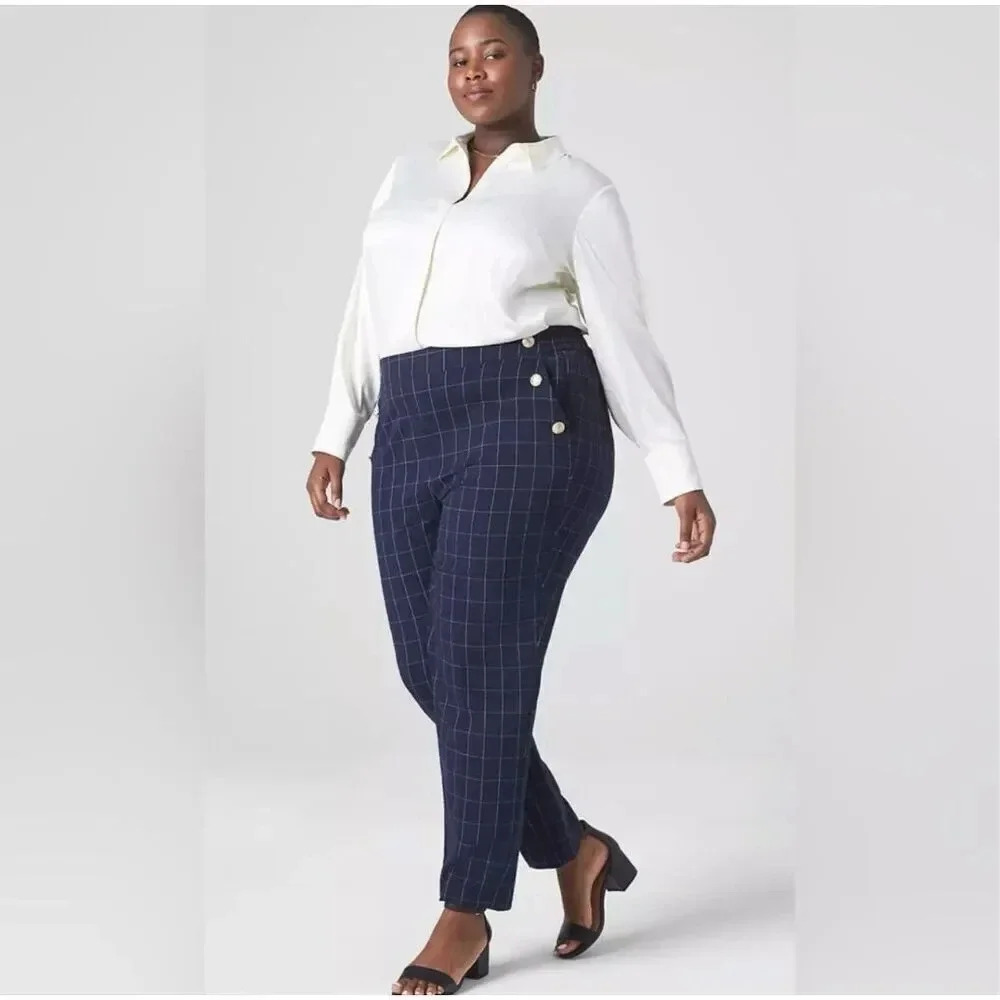 LANE BRYANT | Plus Perfect Drape Relaxed Ankle Pant Navy Windowpane Plaid | 26